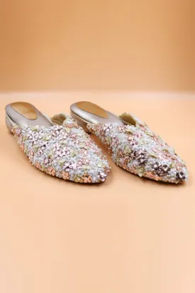 Beige Floral Thread Work Mules