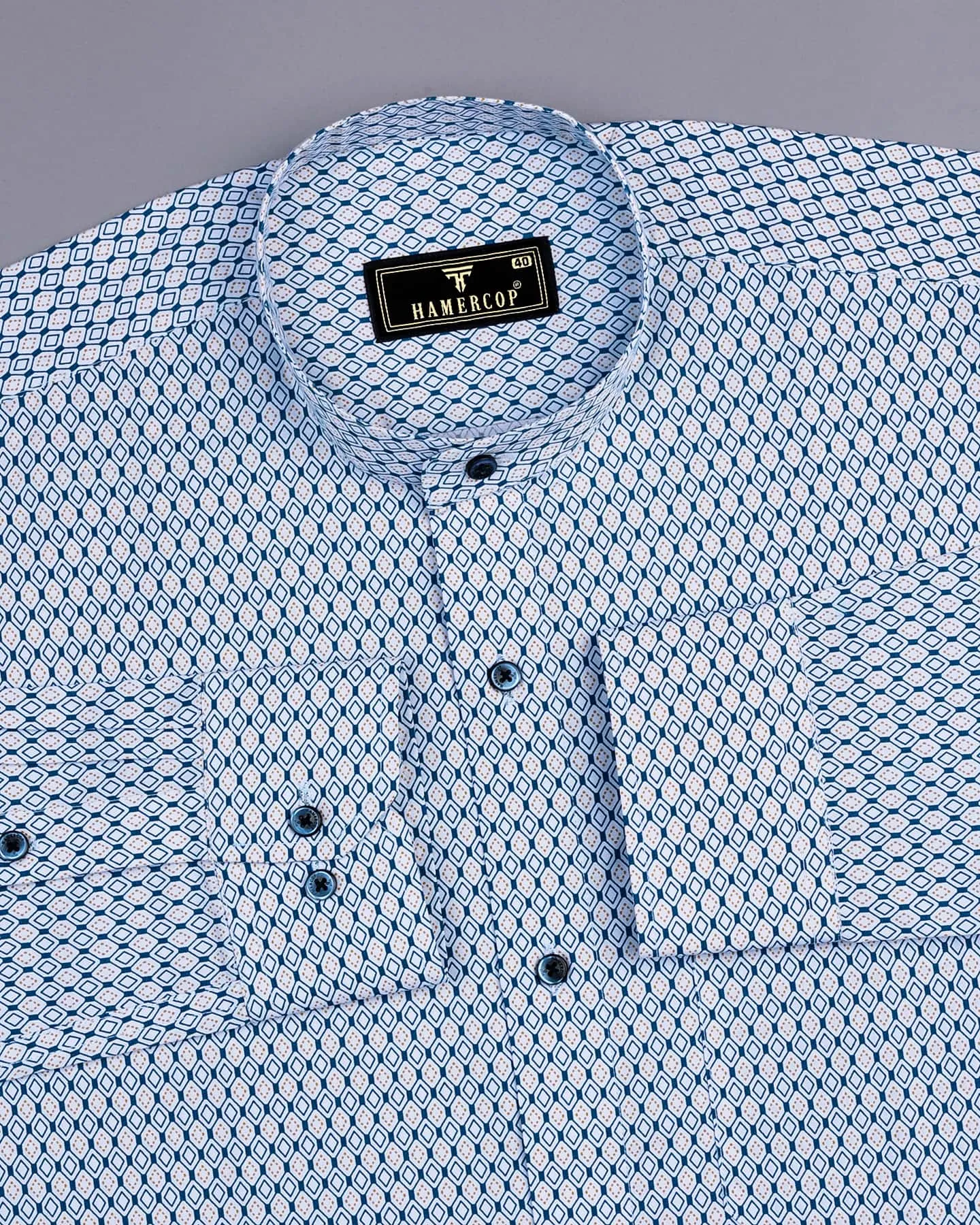 Blue With Yellow Diamond Shape Printed Cotton Shirt