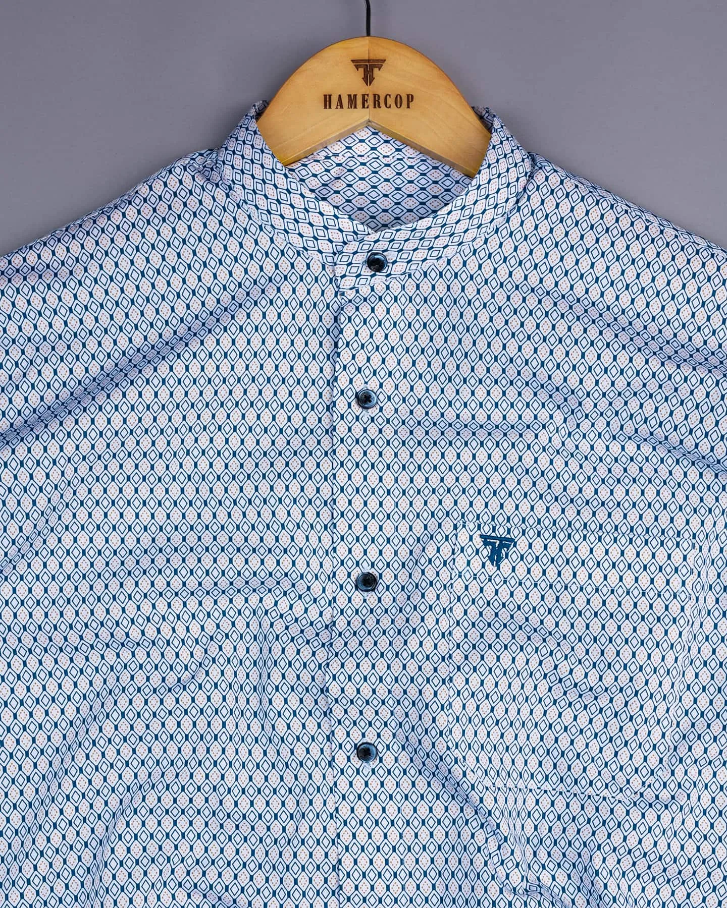 Blue With Yellow Diamond Shape Printed Cotton Shirt