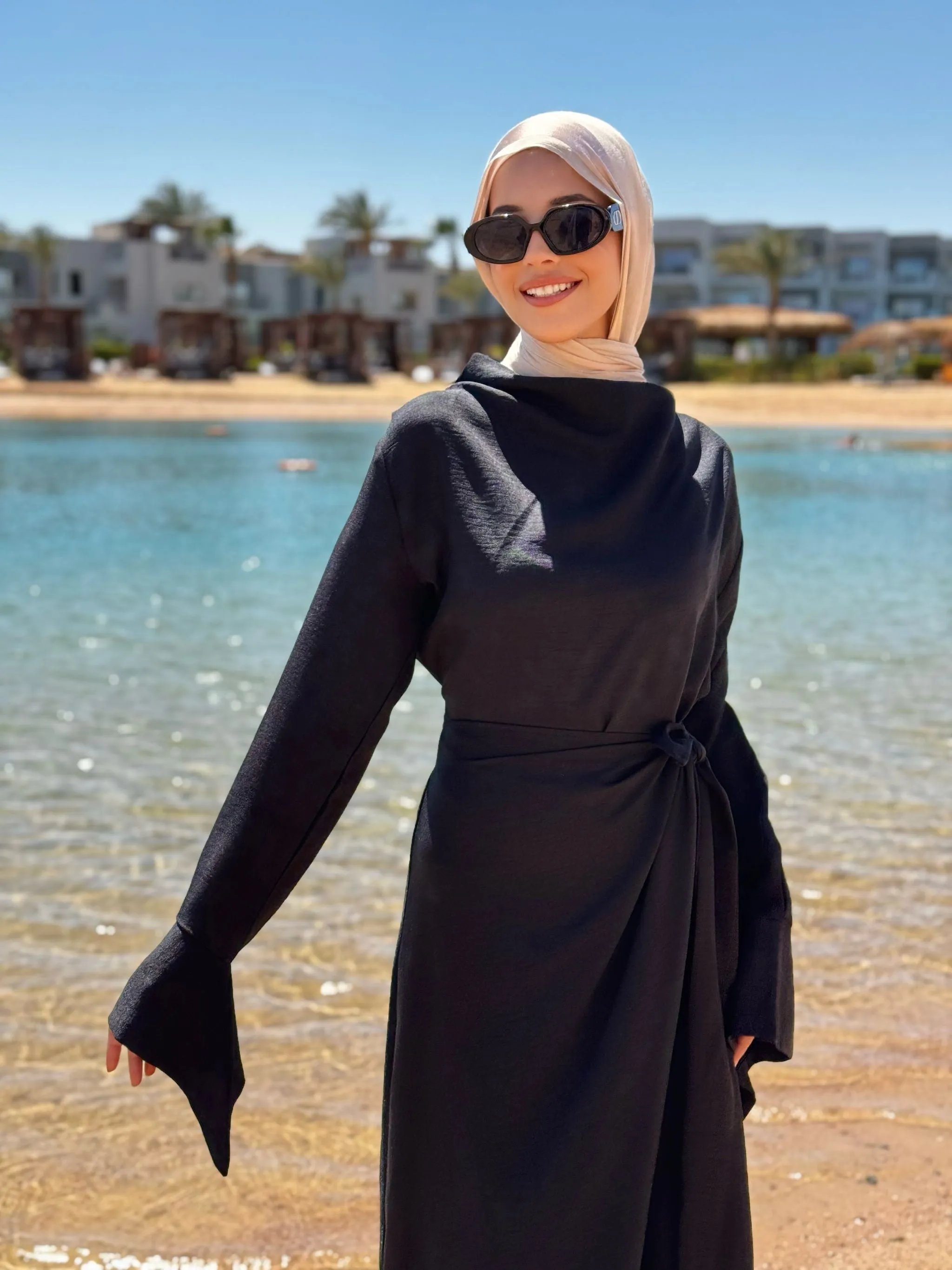 Draped Wrap Linen Dress-Black