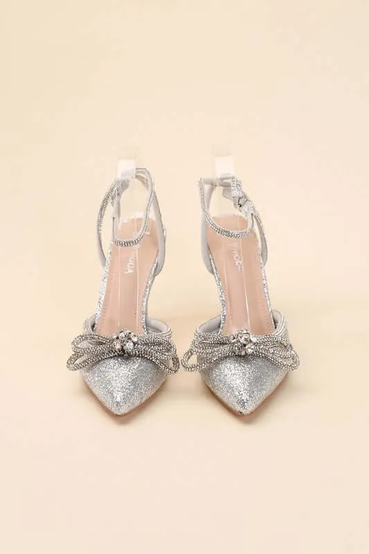 Freya Point Toe Double Bow Heel in Black / Silver