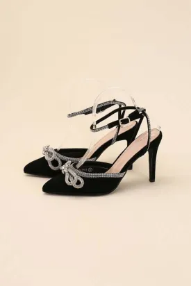Freya Point Toe Double Bow Heel in Black / Silver