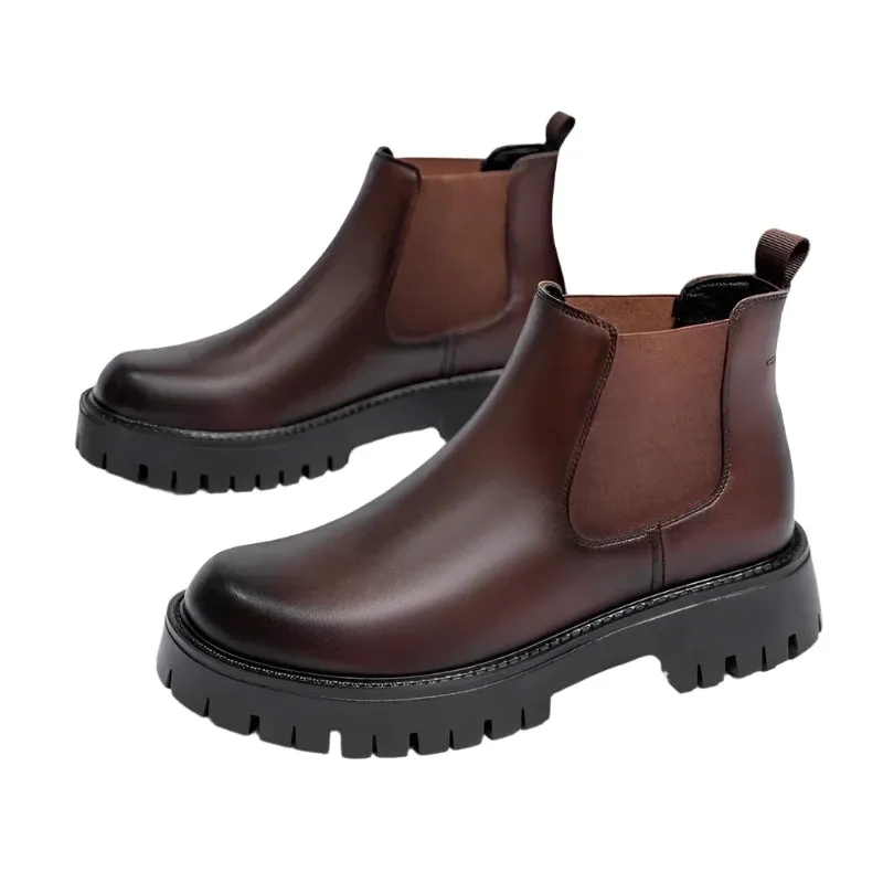 Men's Italian Leather Chelsea Boots - High Top Luxury Business Casual Ankle Boots with Platform & Round Toe