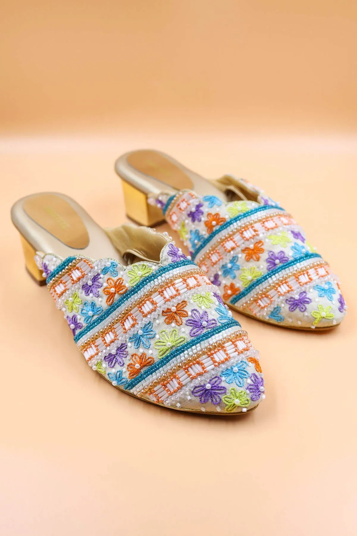 Multicolor Rexine Bead Mules
