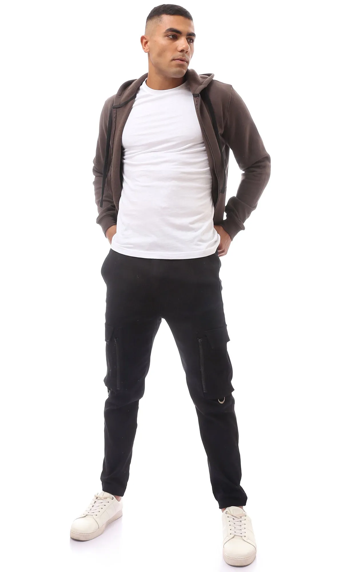 O172372 Brown Fly Zipper Solid Sweat Shirt