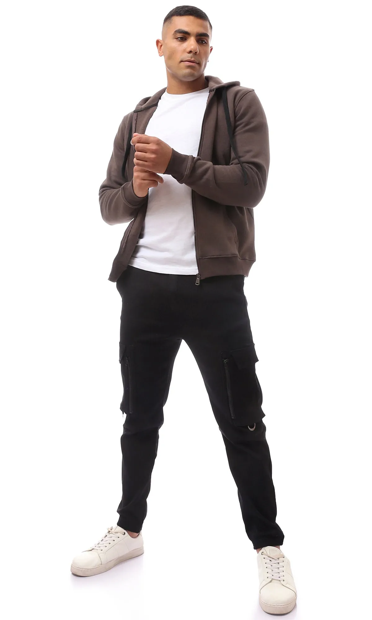 O172372 Brown Fly Zipper Solid Sweat Shirt
