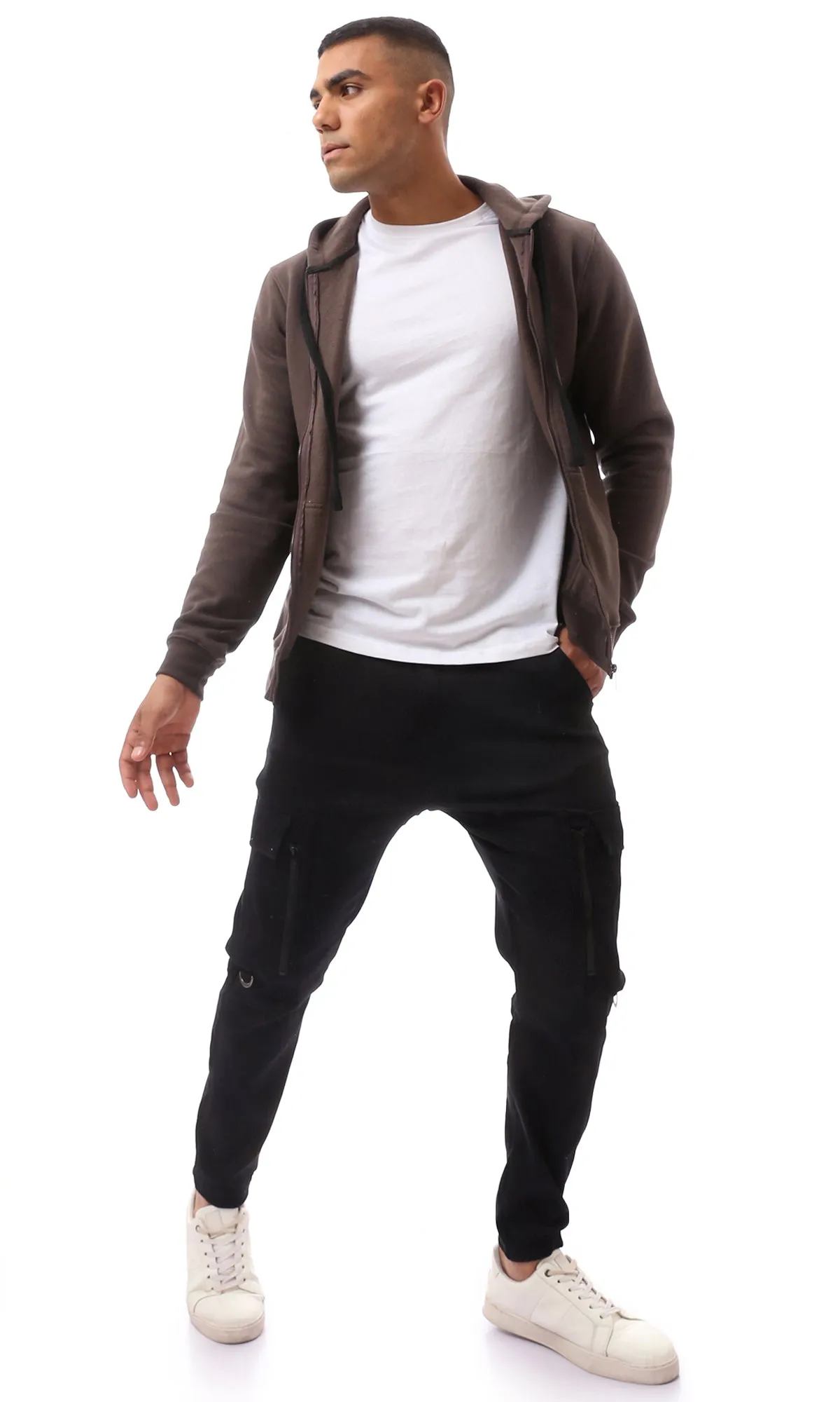 O172372 Brown Fly Zipper Solid Sweat Shirt