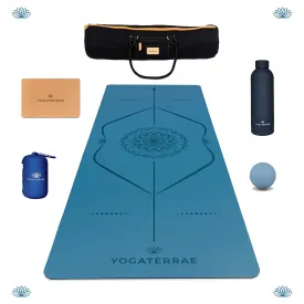 PACK TAPIS DE YOGA MANDALA BLEU POLAIRE EN PU-CAOUTCHOUC NATUREL   5 ACCESSOIRES