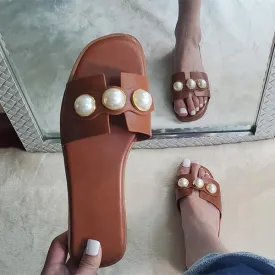 Women's Elegant Pearl Square Toe Flat Casual Sandals 54028801S